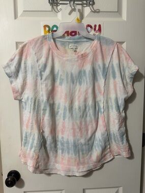 Wonderly Pastel Tie-Dye Waffle Short Sleeve Top - Pink & Blue